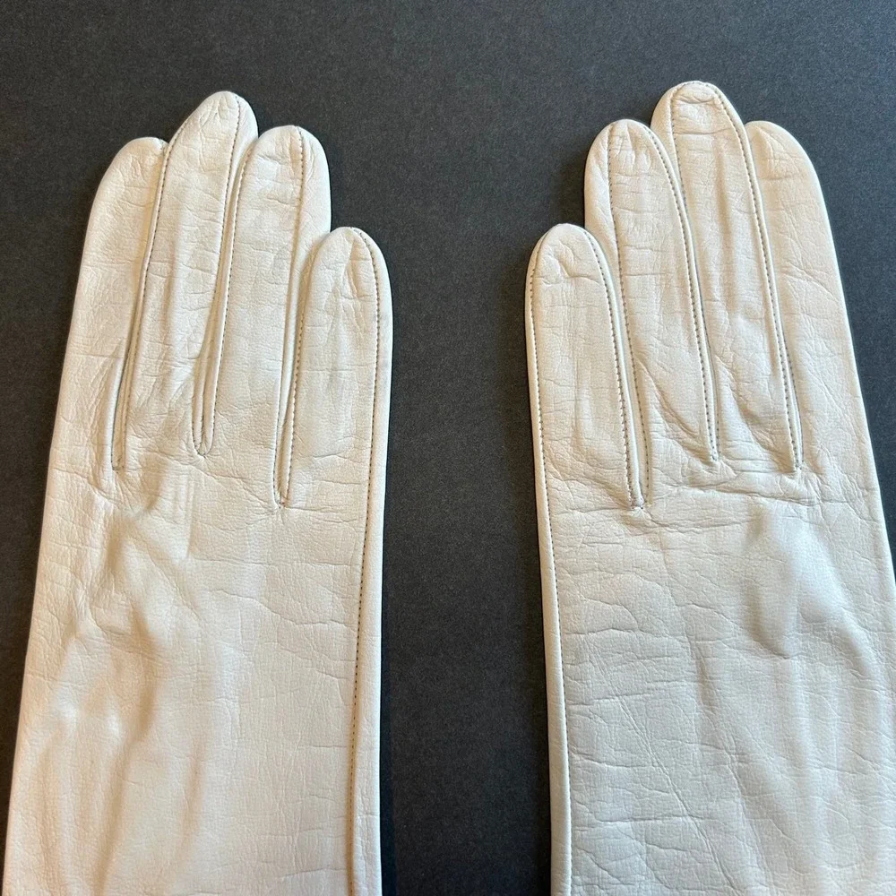 Vintage White French‎ Kid Skin Leather Gloves  Washable NOS